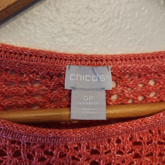 Chico’s Open Stitch Pullover Coral Pink Sweater Size SP Long Sleeve Lightweight - Picture 4 of 11